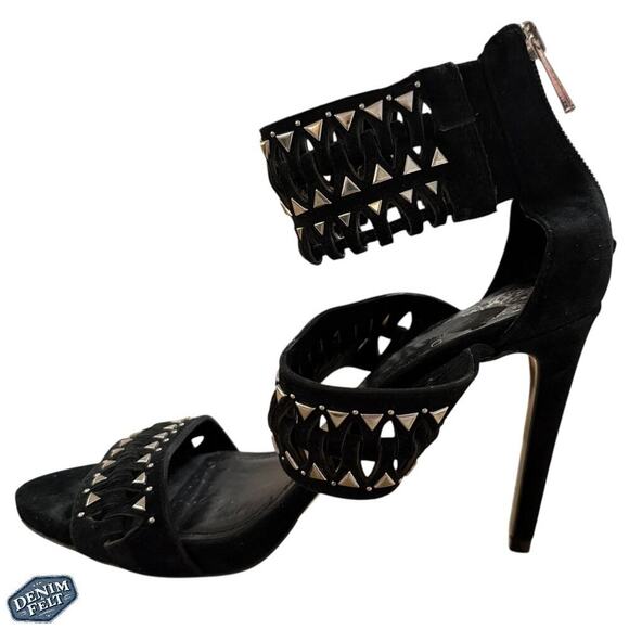 Vince Camuto Black VC-Fancle Caged Studded Strappy Heels 6.5M Leather Upper - Picture 4 of 13